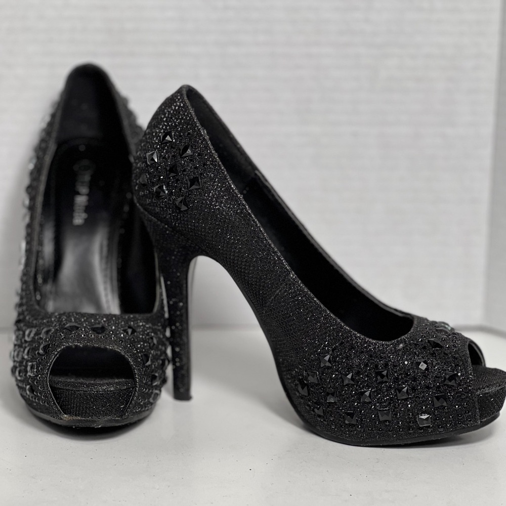 Top Moda Mango 24 Black Glitter Rhinestone Peep Toe Platform Heels Stilettos 5.5